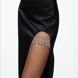 ZARA BLACK MIDI SATIN SKIRT JEWEL TRIM RHINESTONES